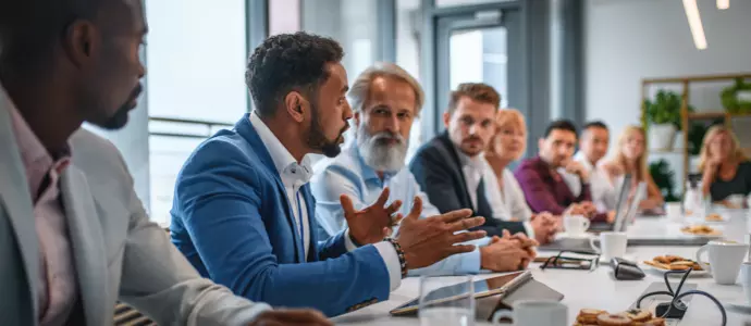 Negotiations in conference room full of professionals